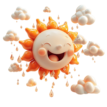 Cheerful sun with clouds and falling raindrops weather scene png