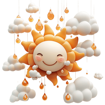 Smiling sun with rain clouds and raindrops weather icon png