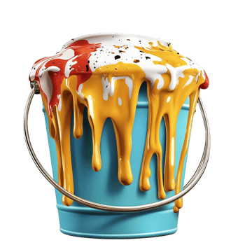 Blue paint bucket with dripping orange paint artistic mess png