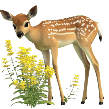 Cute fawn deer standing in yellow wildflowers field png