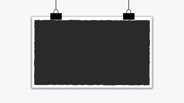 Frame template with torn paper inside and hanging clip for photo placeholder, infographic layout, and decorative border. vector