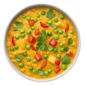 Delicious lentil soup with peas, red peppers, and parsley served in a white bowl. png