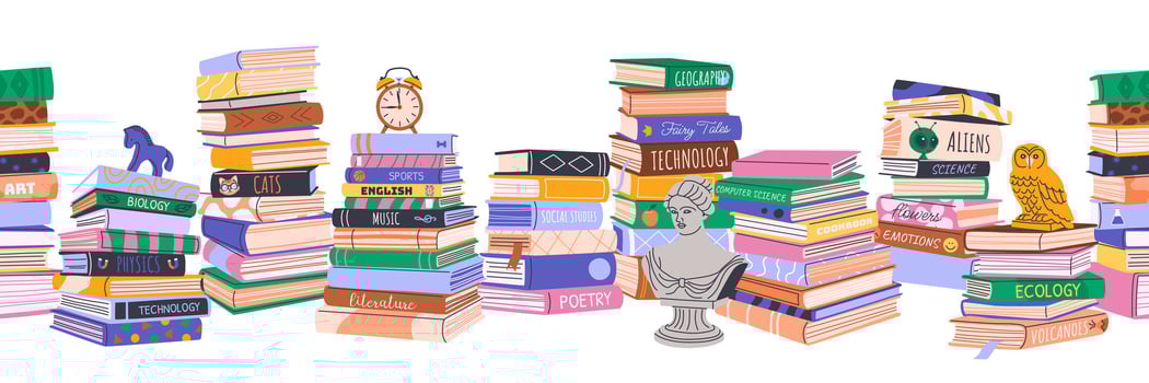Colorful stacks of books on various topics vector