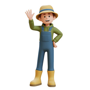 3D young farmer character waves hand say hello png