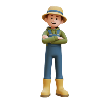 3D young farmer character standing confident with arms crossed png