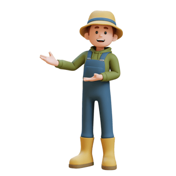 3D young farmer character in pointing and presenting gesture png