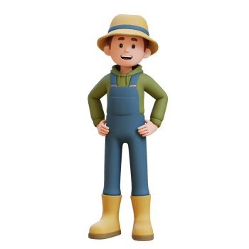 3D young farmer character standing confident with hands on hips png