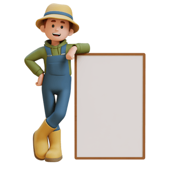 3D young farmer character leaning on a blank placard png