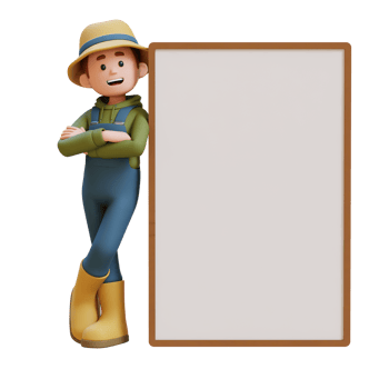 3D young farmer character leaning with crossed hand on blank placard png