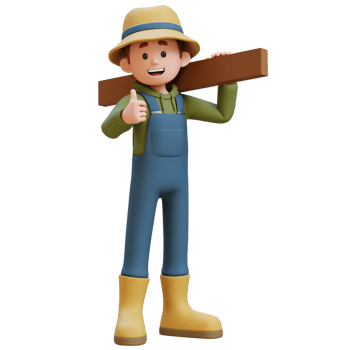 3D young farmer character gives a thumbs up while working carrying wood. png