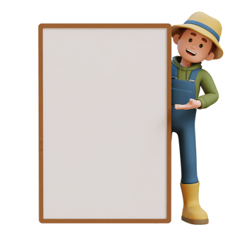 3D young farmer character standing behind placard and peeking with presenting gesture. png