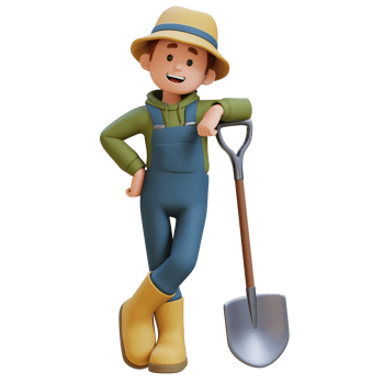 3D young farmer character leaning against a shovel png