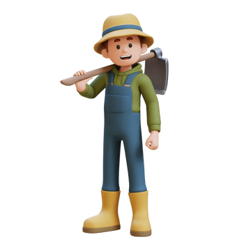 3D young farmer character standing confident with a hoe on shoulder png