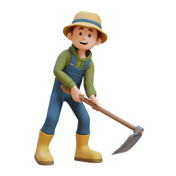 3D young farmer character working with a hoe. png