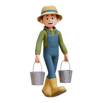 3D young farmer character working and carrying two bucket png
