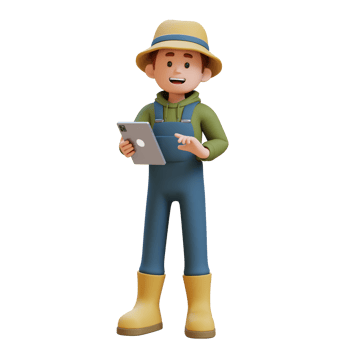 3D young farmer character working uses a tablet png