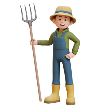 3D young farmer character standing confident holding a pitchfork png