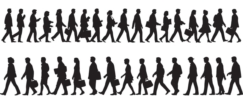 Diverse group of business people walking in silhouette against white background vector