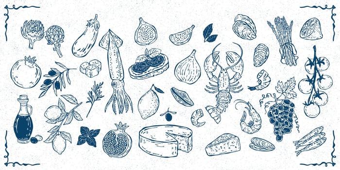 A collection of hand-drawn illustrations featuring Mediterranean food. Icons or symbols of seafood, cheese, vegetables, and wine vector