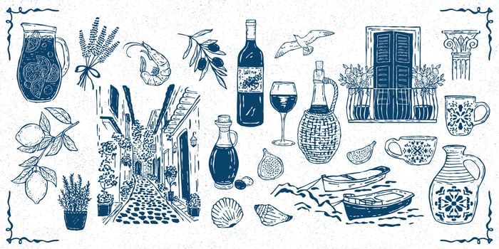 A collection of hand-drawn illustrations featuring Mediterranean food. Includes icons and symbols of seafood, cheese, vegetables, and wine vector