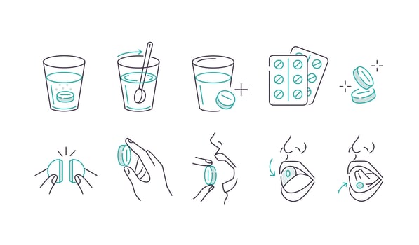 Taking pills concept set. Instruction how to take effervescent tablet and various drug correctly with glass water vector