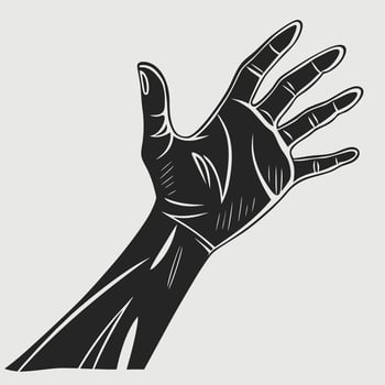 Black and white illustration of an outstretched hand reaching upwards vector