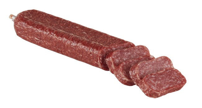 Fresh square sausage salami cut out isolated transparent background png