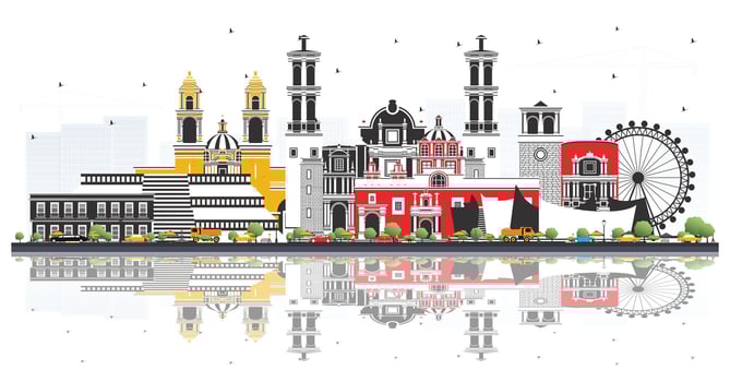 Puebla Mexico City Skyline with Color Buildings and reflections Isolated on White. Tourism Concept with Historic and Modern Architecture. Puebla Cityscape with Landmarks. vector