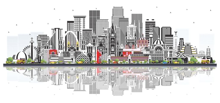 Mexico Skyline with Gray Buildings and reflections Isolated on White. Concept with Historic Architecture. Mexico Cityscape with Landmarks. Puebla. Mexico. Tijuana. Guadalajara. vector