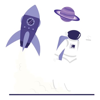 A rocket launches into space while an astronaut floats nearby and a planet appears in the background. vector