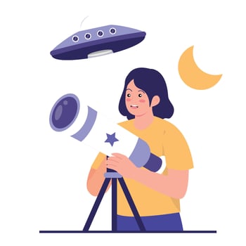 A young girl observes the night sky through a telescope while a UFO appears above her in a mysterious scene. vector