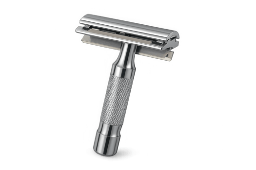 Classic double edge safety razor with chrome finish and textured handle for shaving png