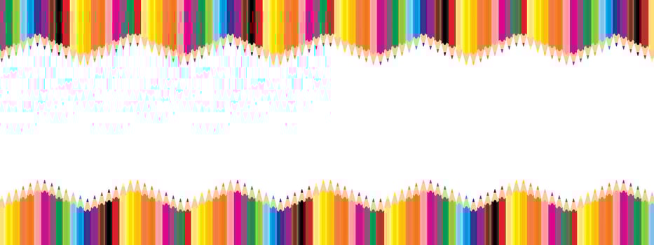 Set of colorful wooden pencils framed in a wavy form banner with copy space, back to school panoramic background concept. vector