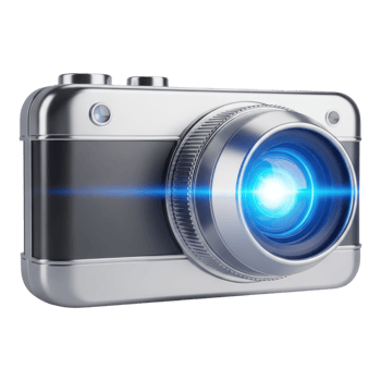 A modern silver digital camera with a blue lens flare isolated on transparent background png
