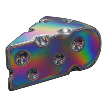 A shiny, iridescent slice of cheese with holes isolated on transparent background png