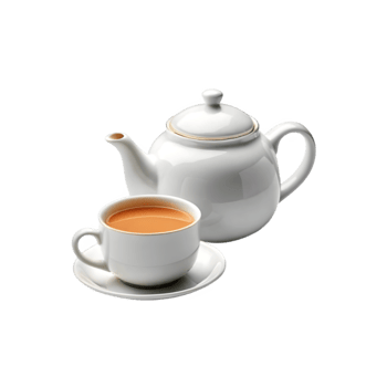 Beautiful White ceramic teapot with milk tea cup on transparent background png