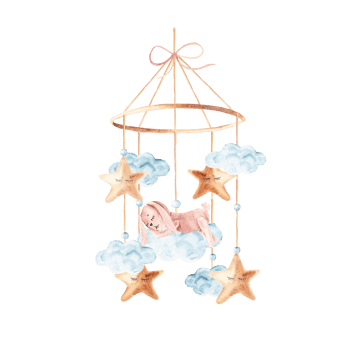 Watercolor baby cradle Mobile with cute pink rabbit sleeping on a cloud and stars. Hand drawn illustration in pastel colors of kids hanging toy. For greeting cards, gender reveal, its a girl party or png