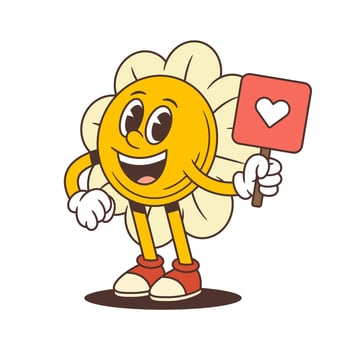Retro Flower Character Holding Heart Sign And Waving With Friendly Cheerful Energy Illustration vector