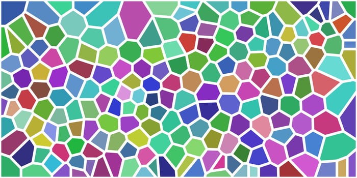 Colorful abstract mosaic pattern with irregular geometric shapes outlined in white, resembling stained glass with vibrant, playful colors. vector