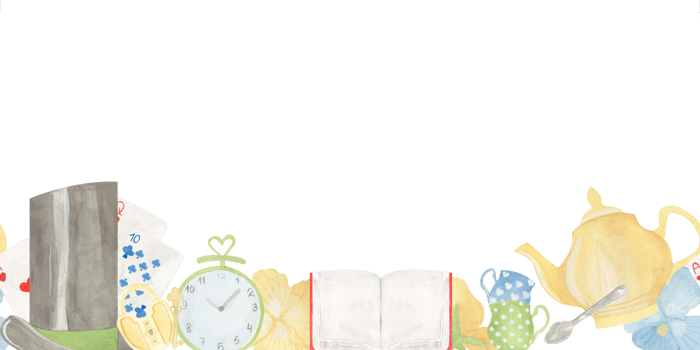 Seamless border horizontal watercolor illustration with tea party elements top hat, playing cards, clocks, teapot, cups, and an open book. Perfect for invitations, childrens books, or themed designs. png