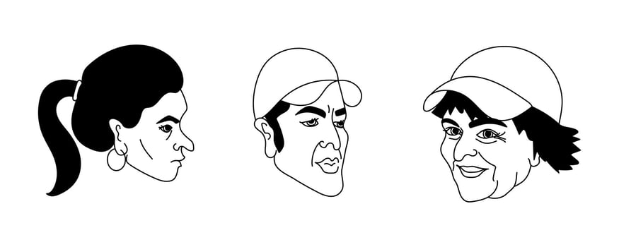 Three stylized portraits representing diversity and inclusion, featuring people of different ages, genders and ethnicities vector