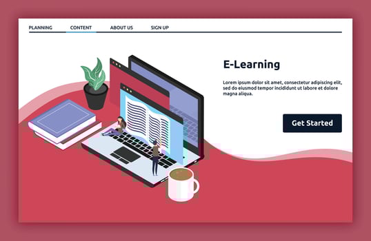 E-learning platform with laptop and students vector