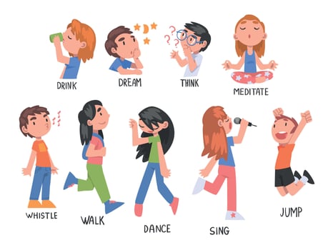 Verbs Expressing Actions Set, Children Education Concept, Cute Kids Doing Activities Cartoon Style Illustration vector