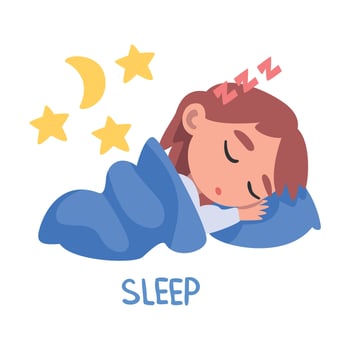 Sleep Word, the Verb Expressing the Action, Children Education Concept, Cute Sleeping Girl Cartoon Style Illustration vector