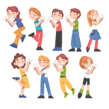 Cute Kids Clapping their Hands Set, Happy Children Applauding Expressing Enjoyment, Appreciation, Delight Cartoon Style Illustration vector