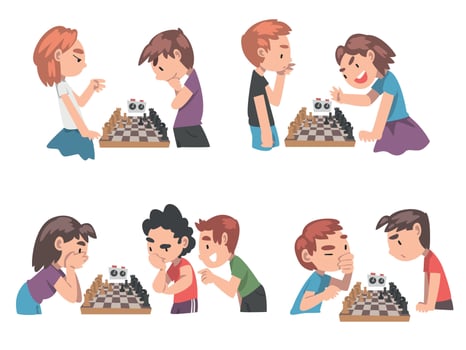 Cute Children Playing Chess Game Set, Boys and Girls Competing in Tournament, Leisure Activity, Logic Game for Brain Development Concept Cartoon Style Illustration vector
