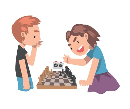 Cute Boy and Girl Competing in Chess Together, Kids Chess Club, Tournament, Leisure Activity, Logic Game for Brain Development Concept Cartoon Style Illustration vector