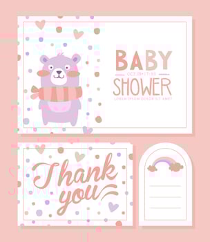 Baby Shower Invitation Card with Lovely Bear Animal, Thanks Card, Favor Gift Tag n Pastel Colors Illustration vector