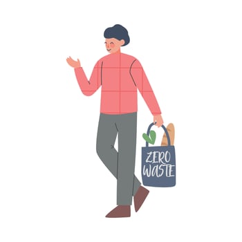 Young Man Using Eco Bag for Shopping, Guy Caring about Environment and Ecology Cartoon Style Illustration vector