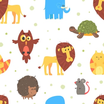 Funny Animals Seamless Pattern, Cute Lion, Owl, Turtle, Hedgehog, Mouse Animal Background, Textile, Packaging, Wallpaper, Wrapping Paper Design Illustration vector
